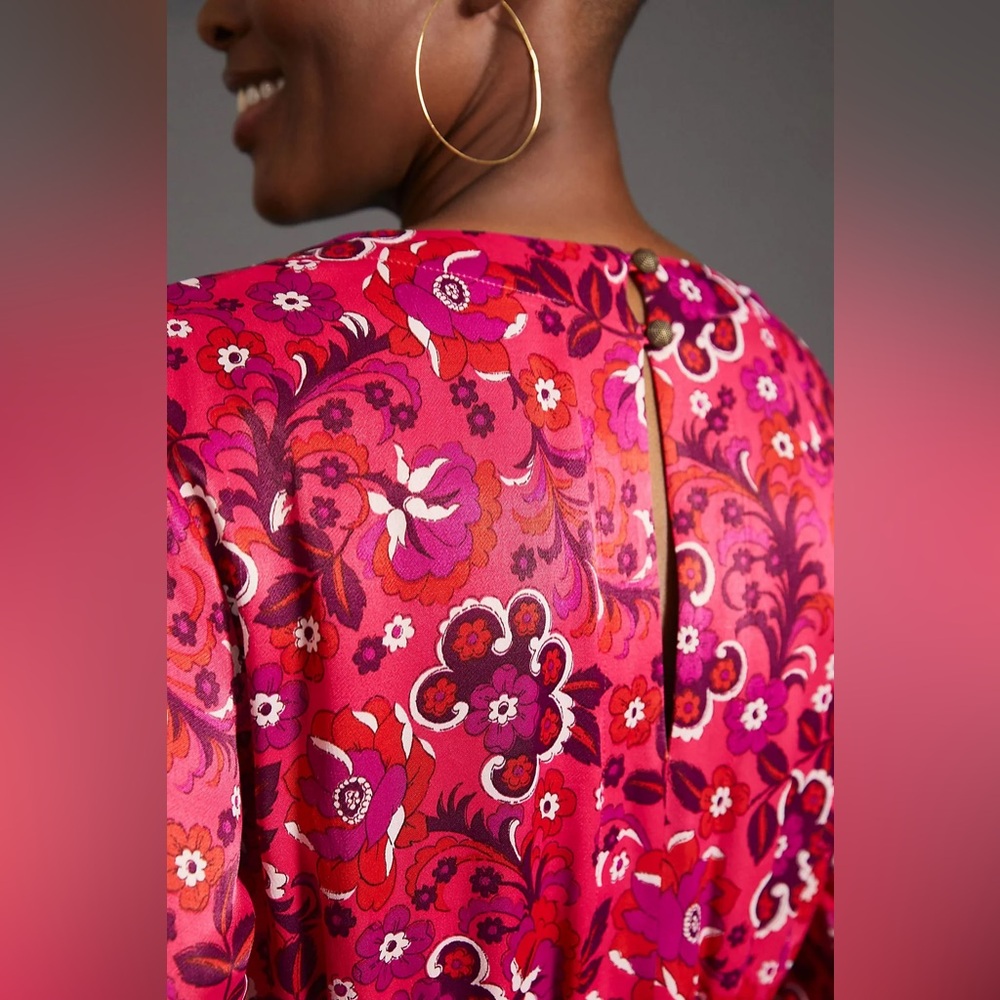 Anthropologie Maeve Vibrant Pink Wrap Mini Floral Long Sleeve Dress NWT Medium P - Picture 4 of 8